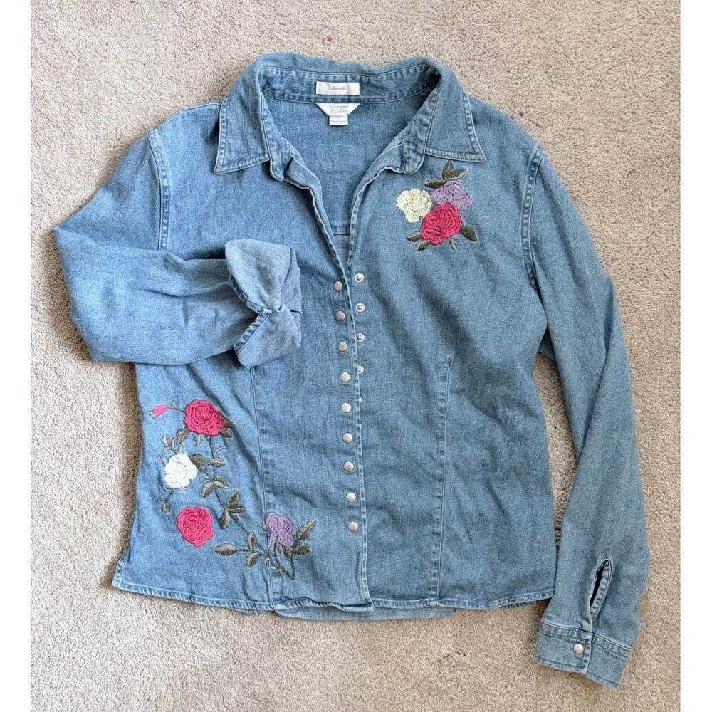 Floral Embroidered Denim Shirt Light Wash Blue Large 90's Butter Mom